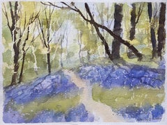 Britisches impressionistisches Aquarell eines Waldpfads mit Frühlingsblauen Glocken, British Impressionismus