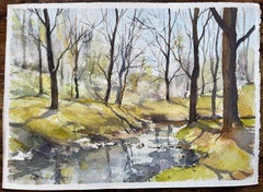 British Impressionist Watercolor of a Woodland Stream in Early Spring