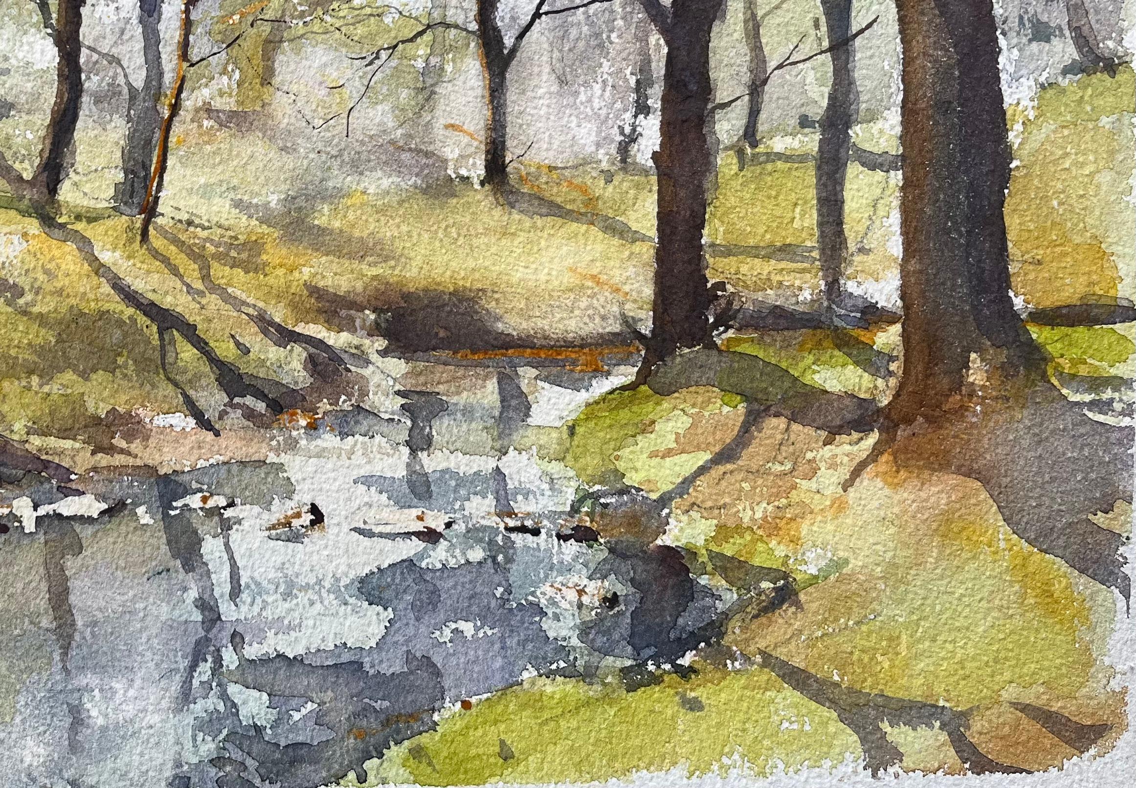 Britisches impressionistisches Aquarell eines Waldsteinen im frühen Frühjahr (Braun), Landscape Painting, von Anthony Avery