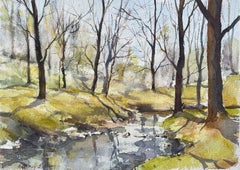Britisches impressionistisches Aquarell eines Waldsteinen im frühen Frühjahr