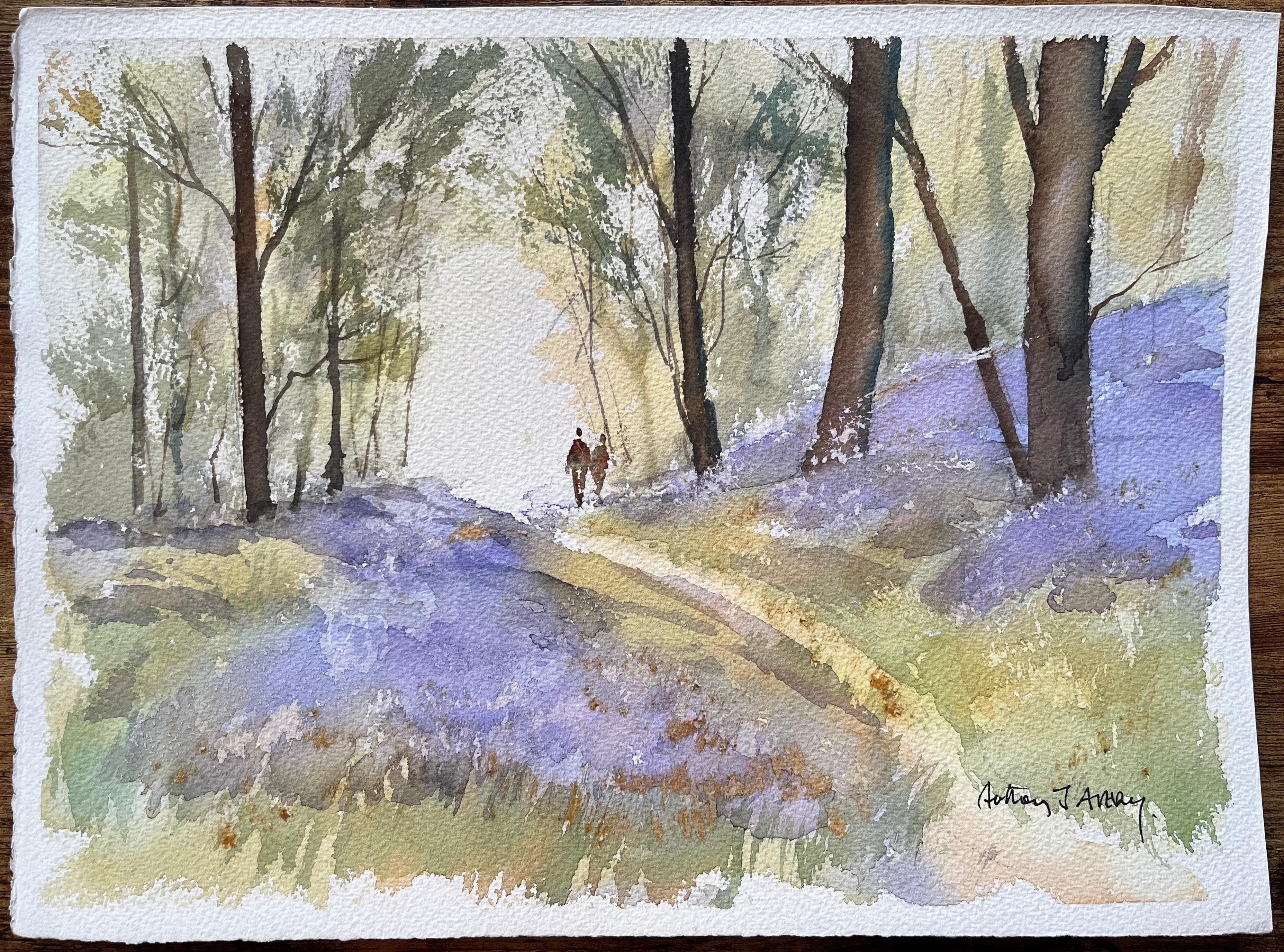 British Impressionist Watercolor of a Woodland Walk Among Bluebells - Painting by Anthony Avery