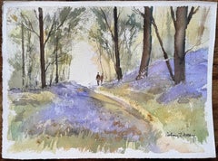 Acquerello impressionista britannico di una passeggiata nel bosco tra le campanule