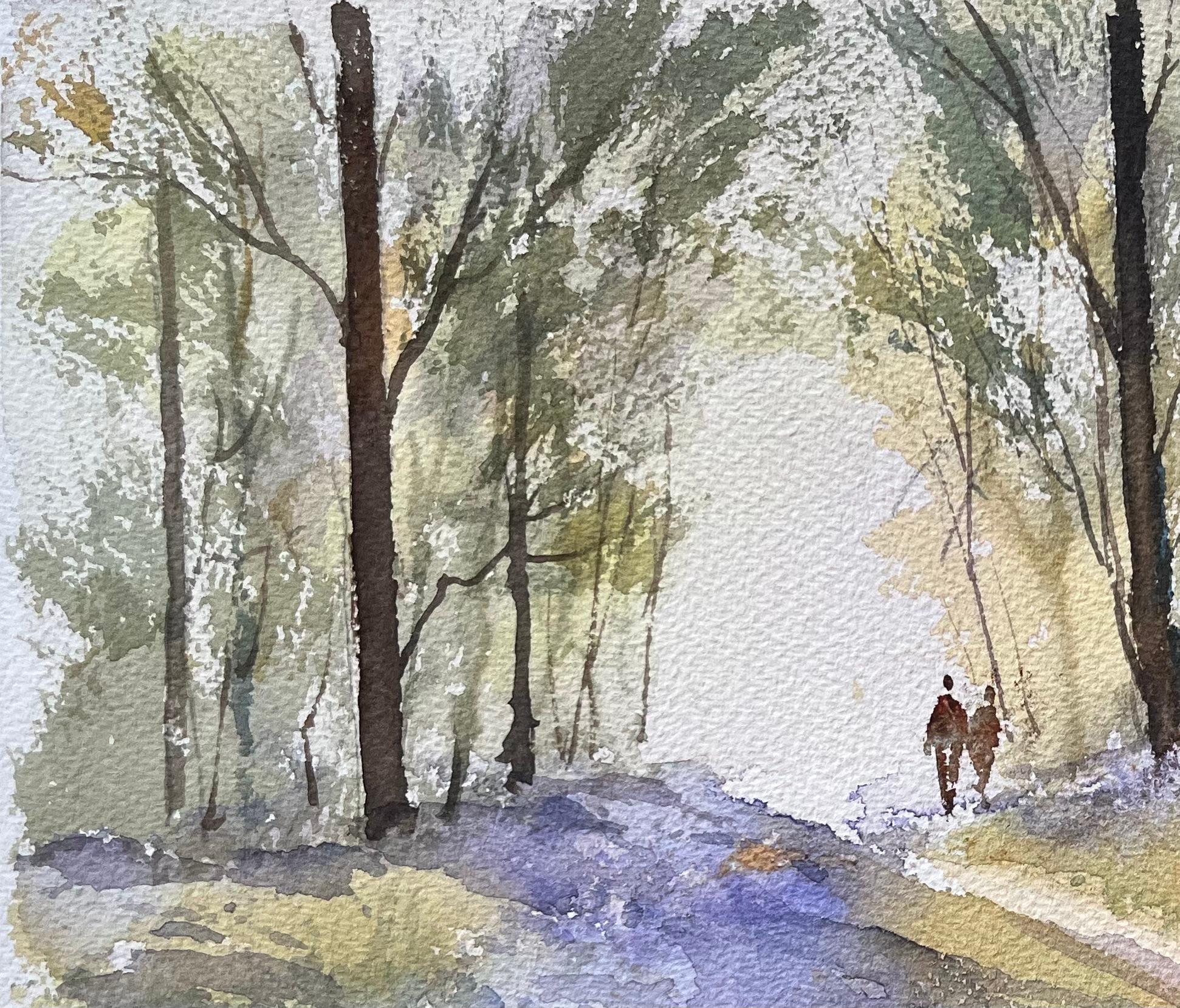 British Impressionist Watercolor of a Woodland Walk Among Bluebells - Gray Landscape Painting by Anthony Avery
