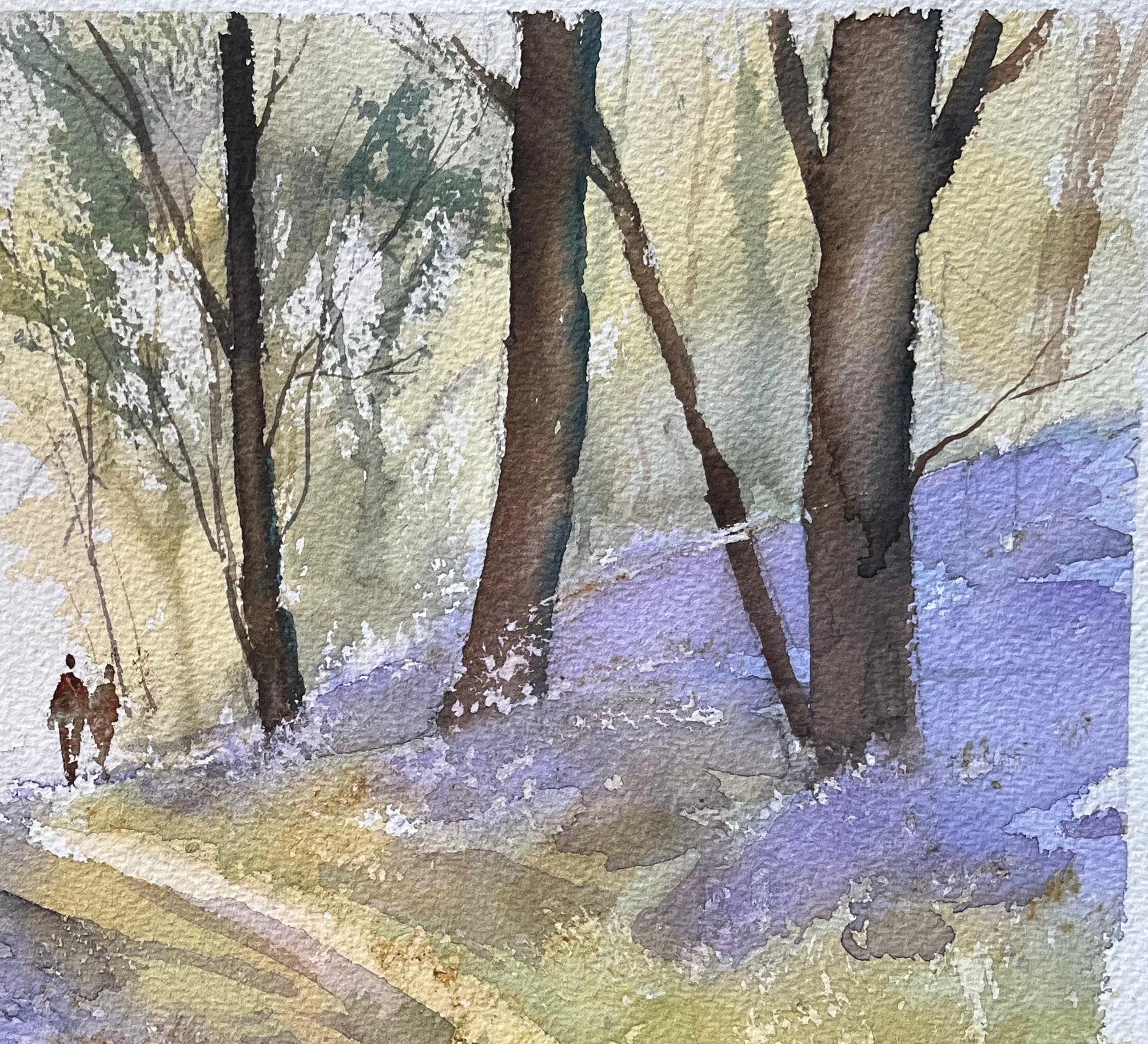 British Impressionist Watercolor of a Woodland Walk Among Bluebells For Sale 1