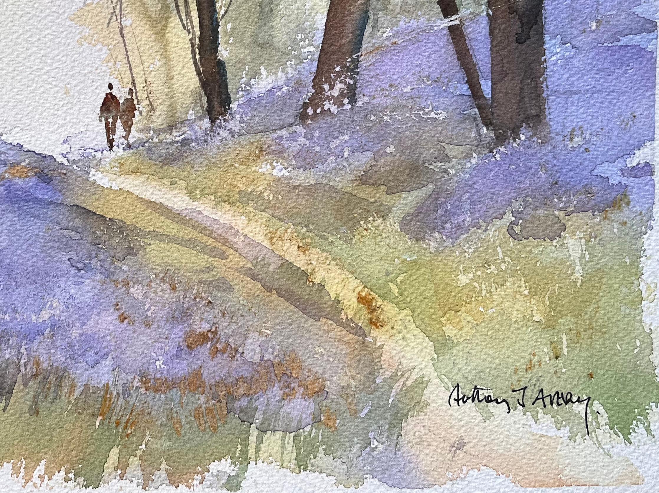 British Impressionist Watercolor of a Woodland Walk Among Bluebells For Sale 2