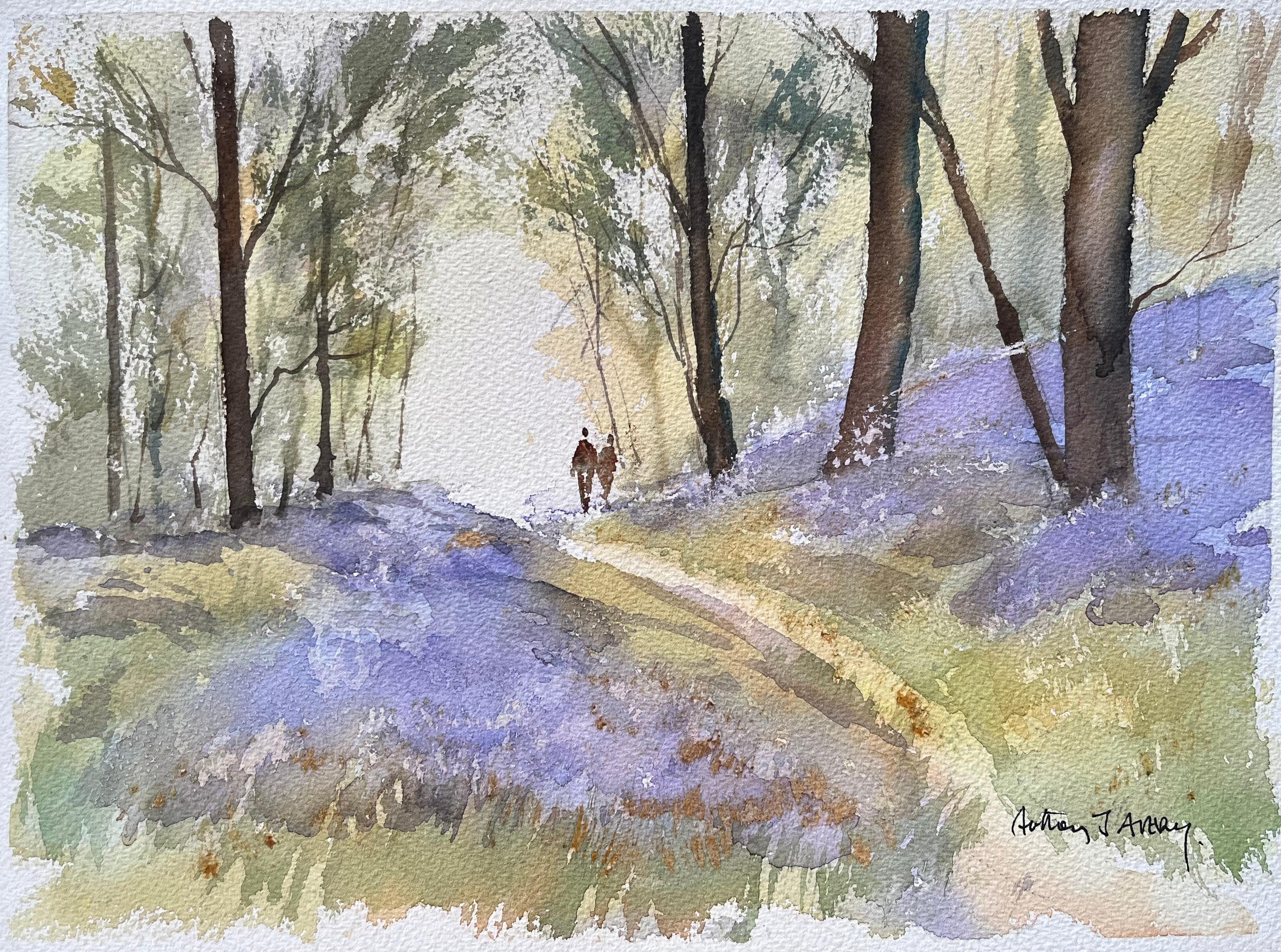 Anthony Avery Landscape Painting - British Impressionist Watercolor of a Woodland Walk Among Bluebells