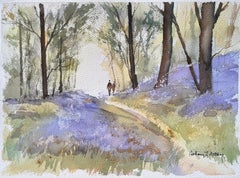 Britischer Impressionist Aquarell eines Waldspaziergangs unter Glockenblumen