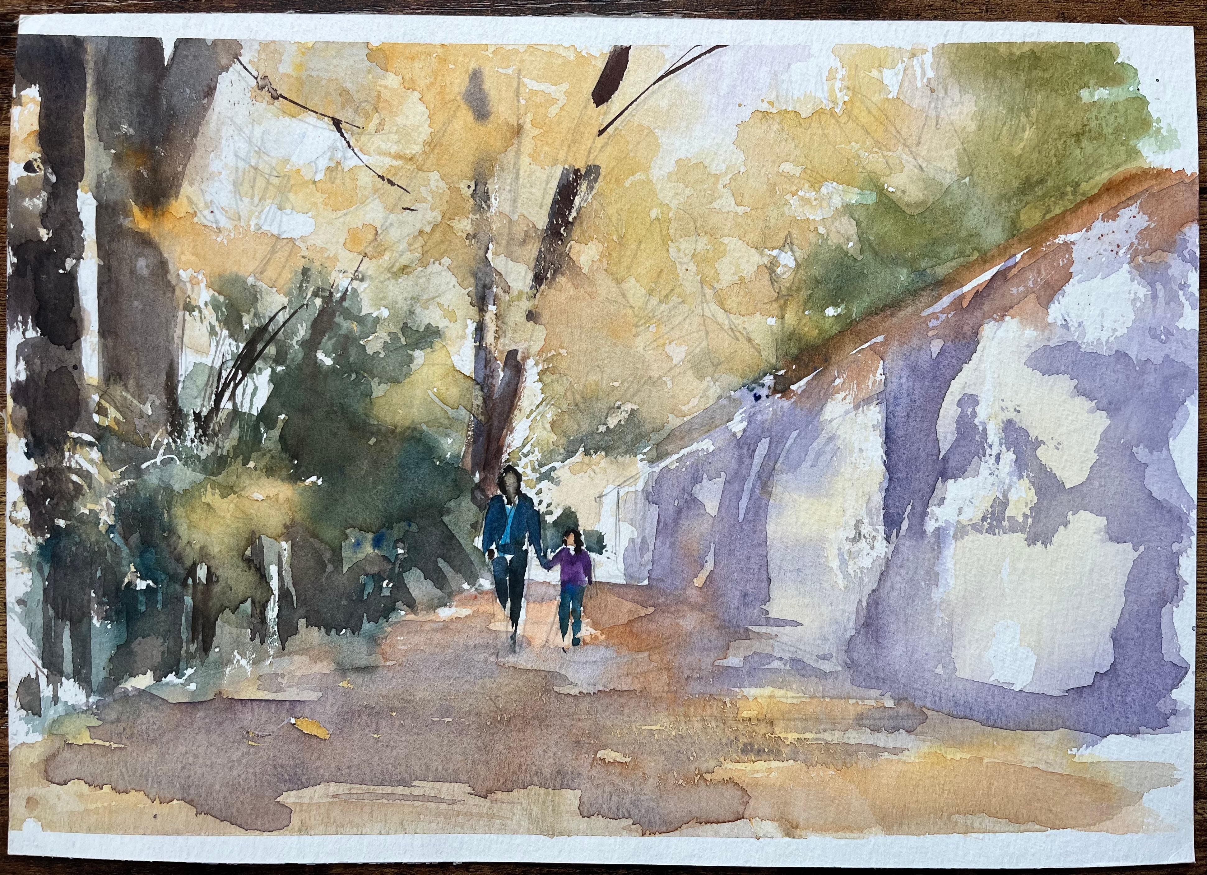 Acuarela impresionista británica de un paseo por el bosque con figuras - Painting de Anthony Avery