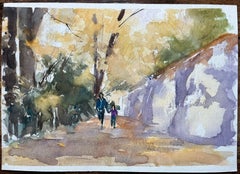 Aquarelle impressionniste britannique d'une promenade dans un bois avec des personnages
