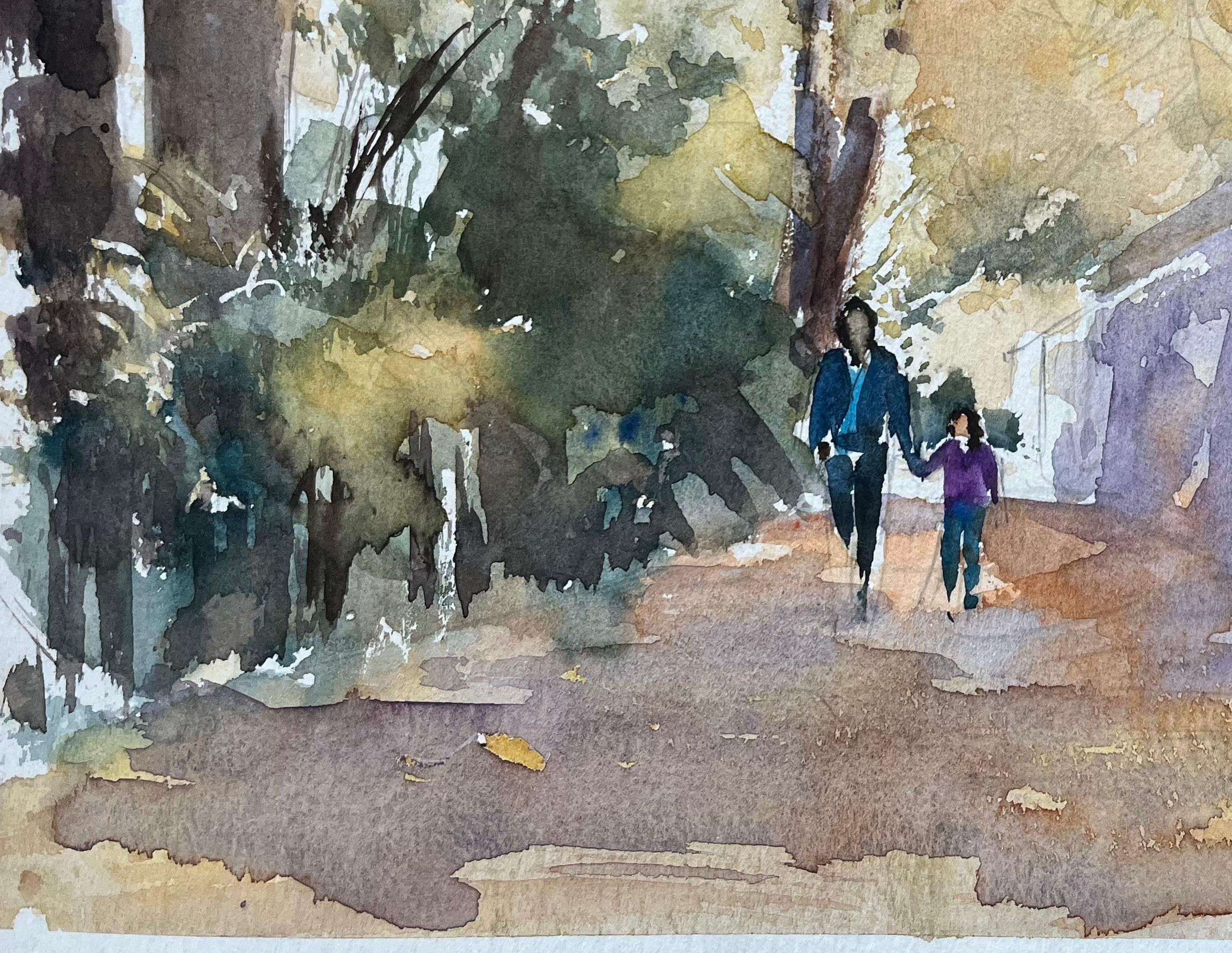 Acuarela impresionista británica de un paseo por el bosque con figuras - Painting Impresionista de Anthony Avery