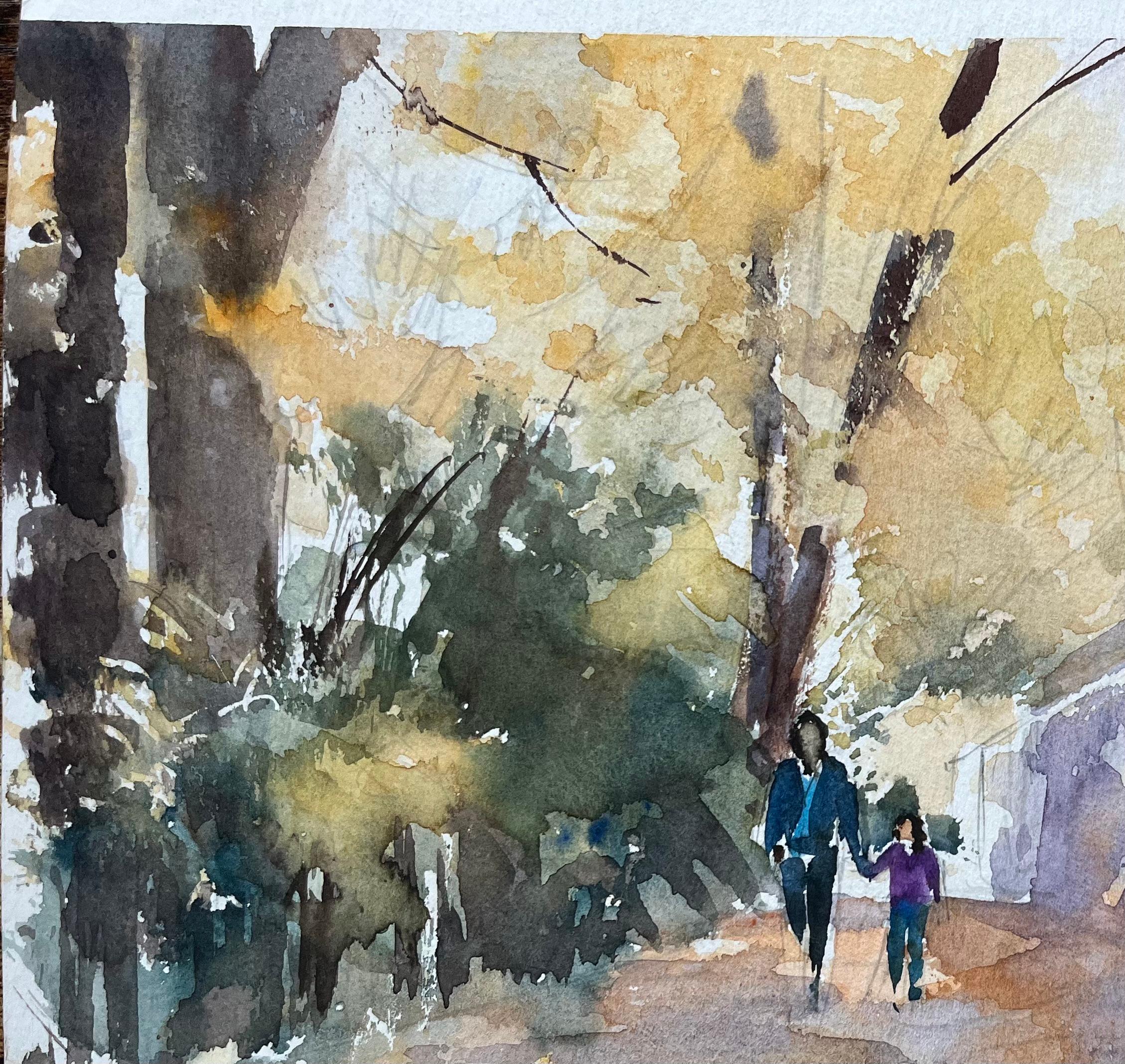 Acuarela impresionista británica de un paseo por el bosque con figuras - Landscape Painting Gris de Anthony Avery