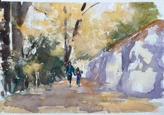 Britischer Impressionist Aquarell eines Waldspaziergangs mit Figuren