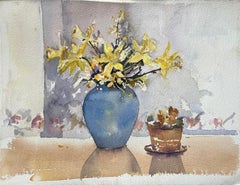 Anthony Avery - British Impressionist Watercolor of a Yellow Flowers in a Blue Vase British Impressionist Watercolor of a Yellow Flowers in a Blue Vase