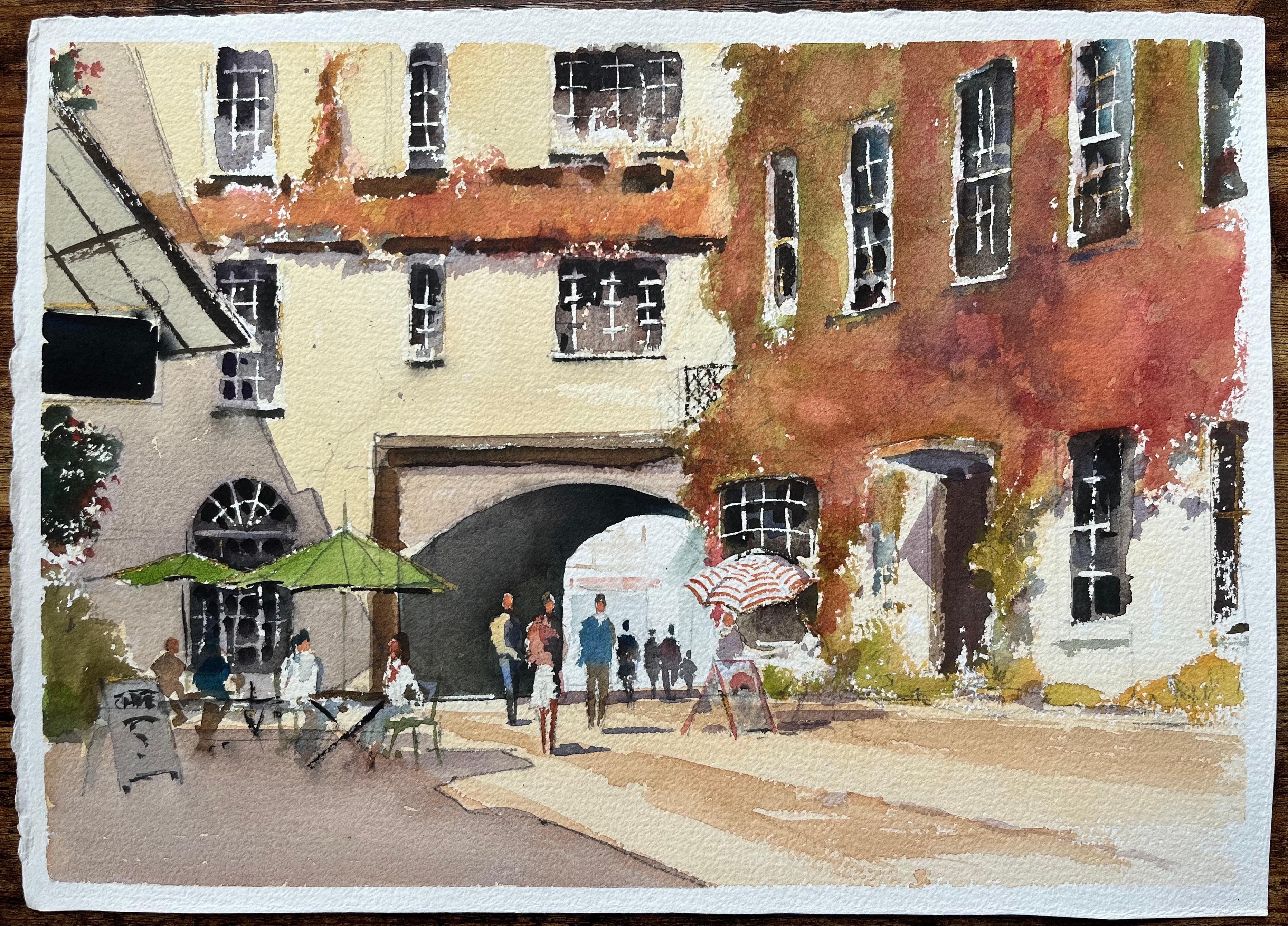 Aquarelle impressionniste britannique d'une scène de cour après-midi avec personnages - Painting de Anthony Avery