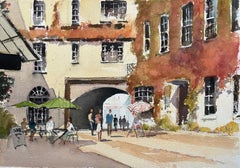 Britischer Impressionist Aquarell von Nachmittag Innenhof Szene mit Figuren