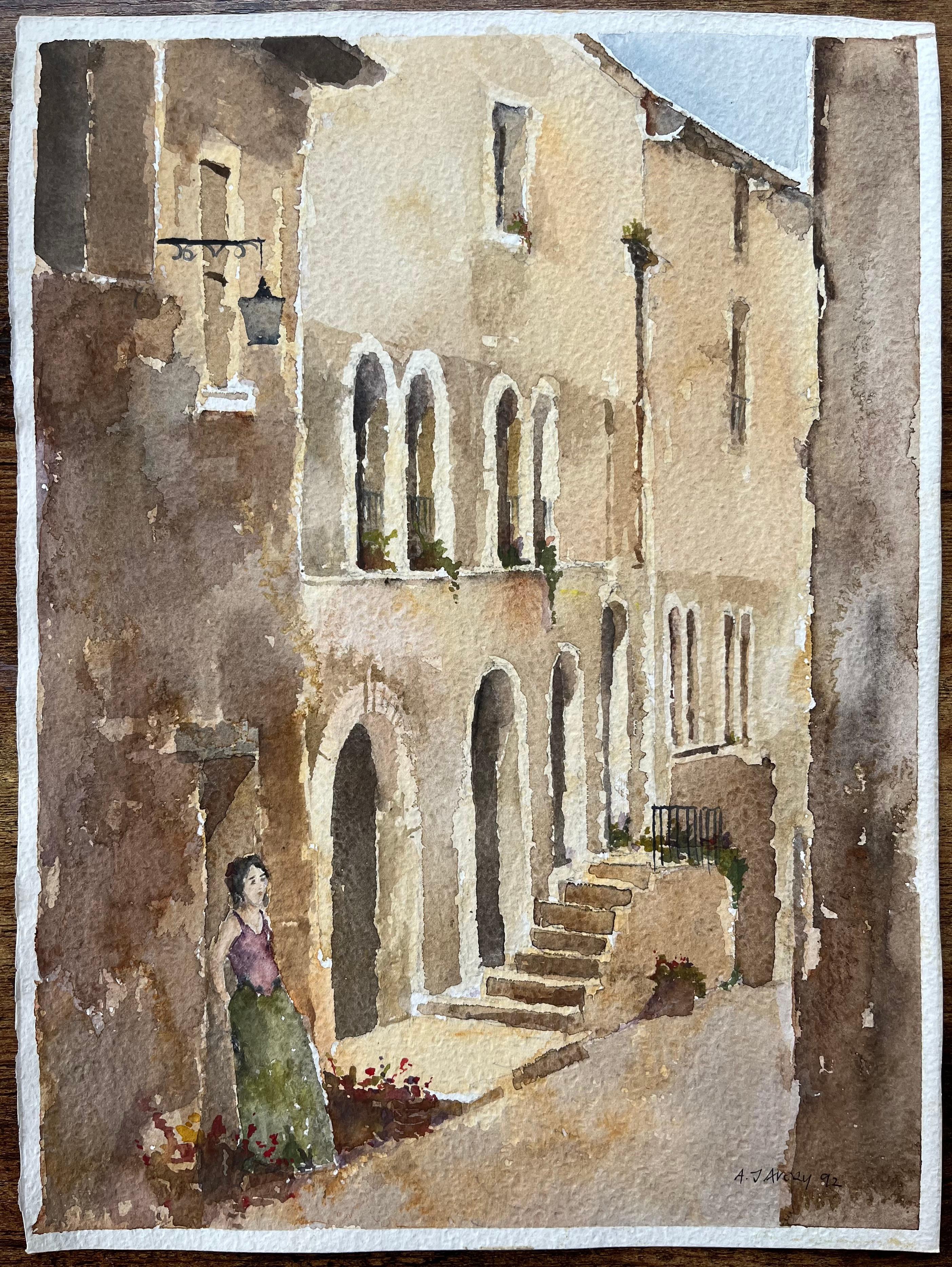 Britisches impressionistisches Aquarell einer Alleyway mit einer Frau intemplation, British Impressionismus – Painting von Anthony Avery