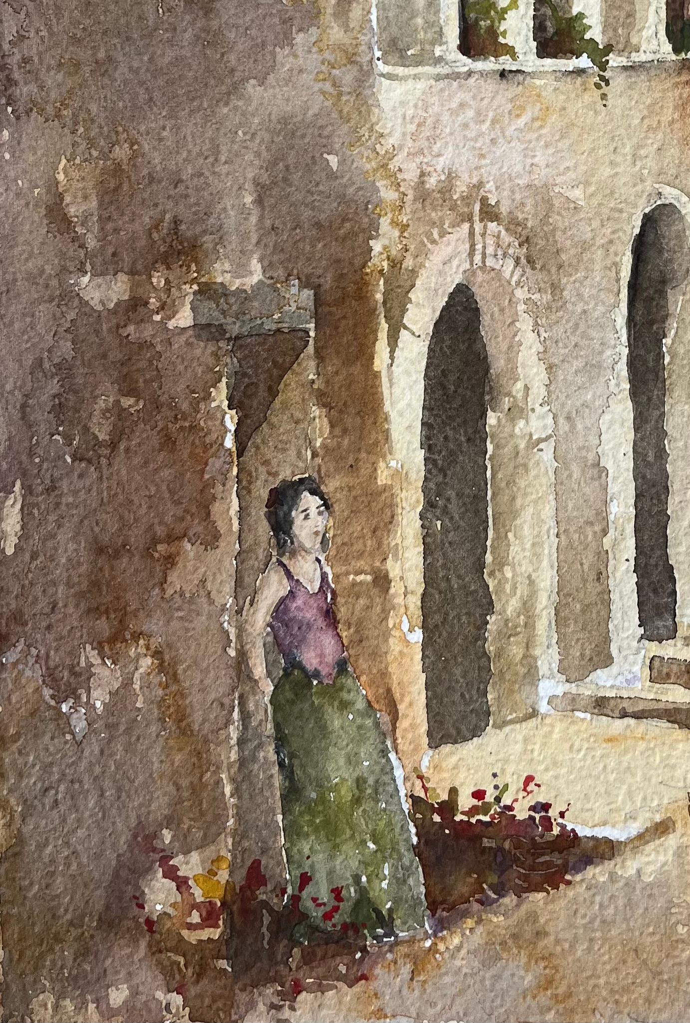 Britisches impressionistisches Aquarell einer Alleyway mit einer Frau intemplation, British Impressionismus (Braun), Landscape Painting, von Anthony Avery