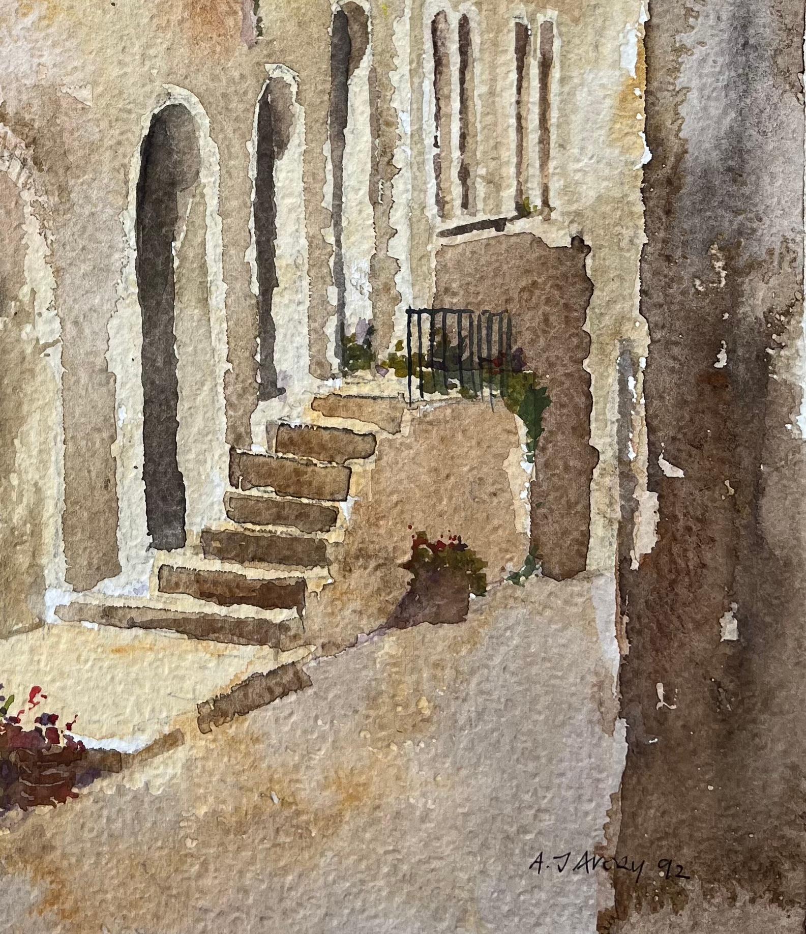 Titel: Britischer Impressionist - Aquarell einer Gasse mit einer nachdenklichen Frau
von Anthony Avery (Brite 1946-2023)
Original-Aquarell auf Künstlerpapier, ungerahmt
Abmessungen: 15 x 11,25 Zoll (Höhe x Breite)
Unterschrieben: Ja
Zustand: Gut,