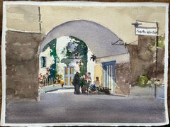Britisches impressionistisches Aquarell eines gewölbten Innenhofeingangs mit Figuren, britisches Impressionismus