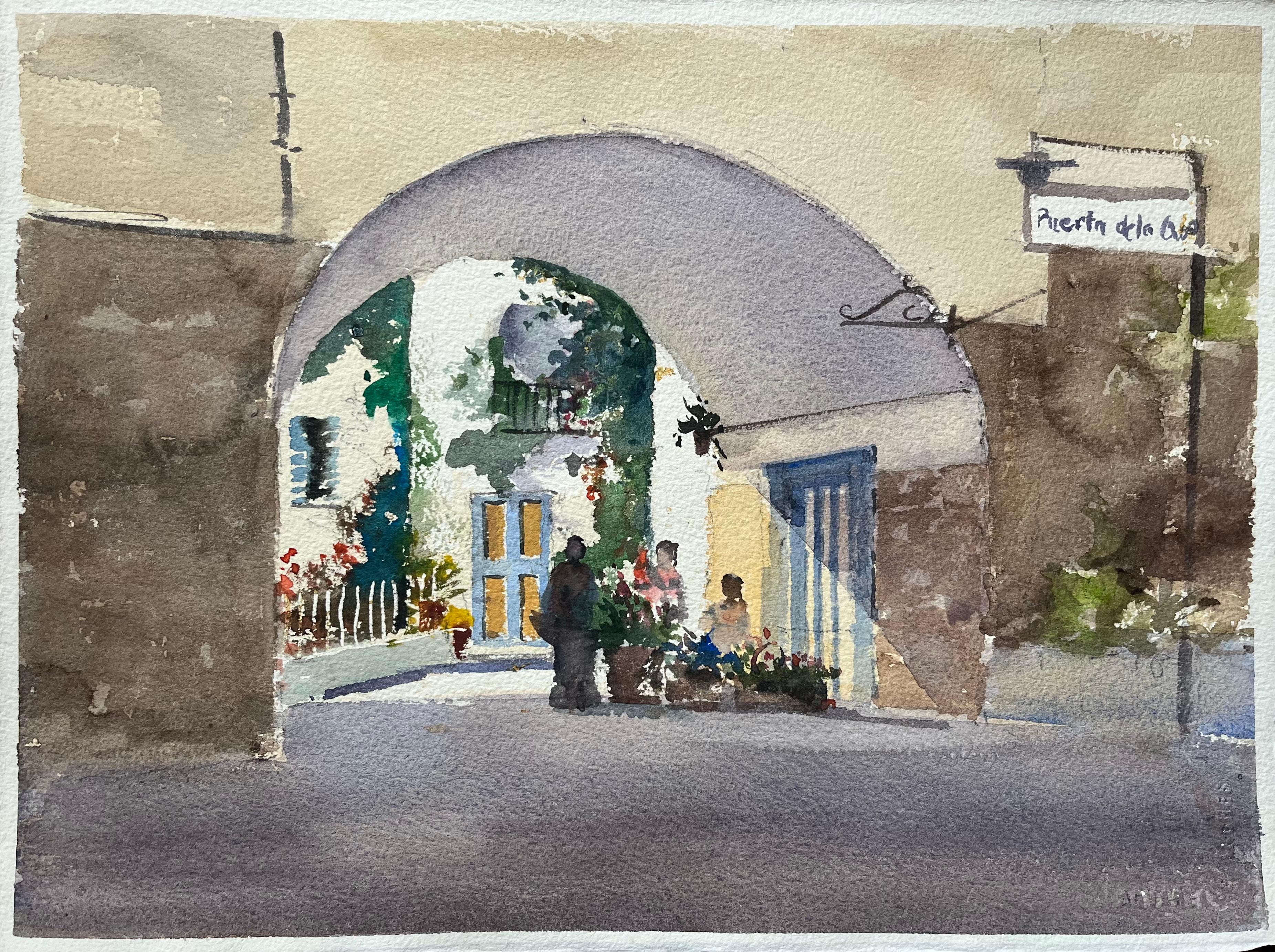 Landscape Painting de Anthony Avery - Acuarela impresionista británica de un patio de entrada arqueado con figuras