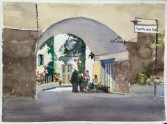 Aquarelle impressionniste britannique d'une entrée de cour arquée avec des personnages
