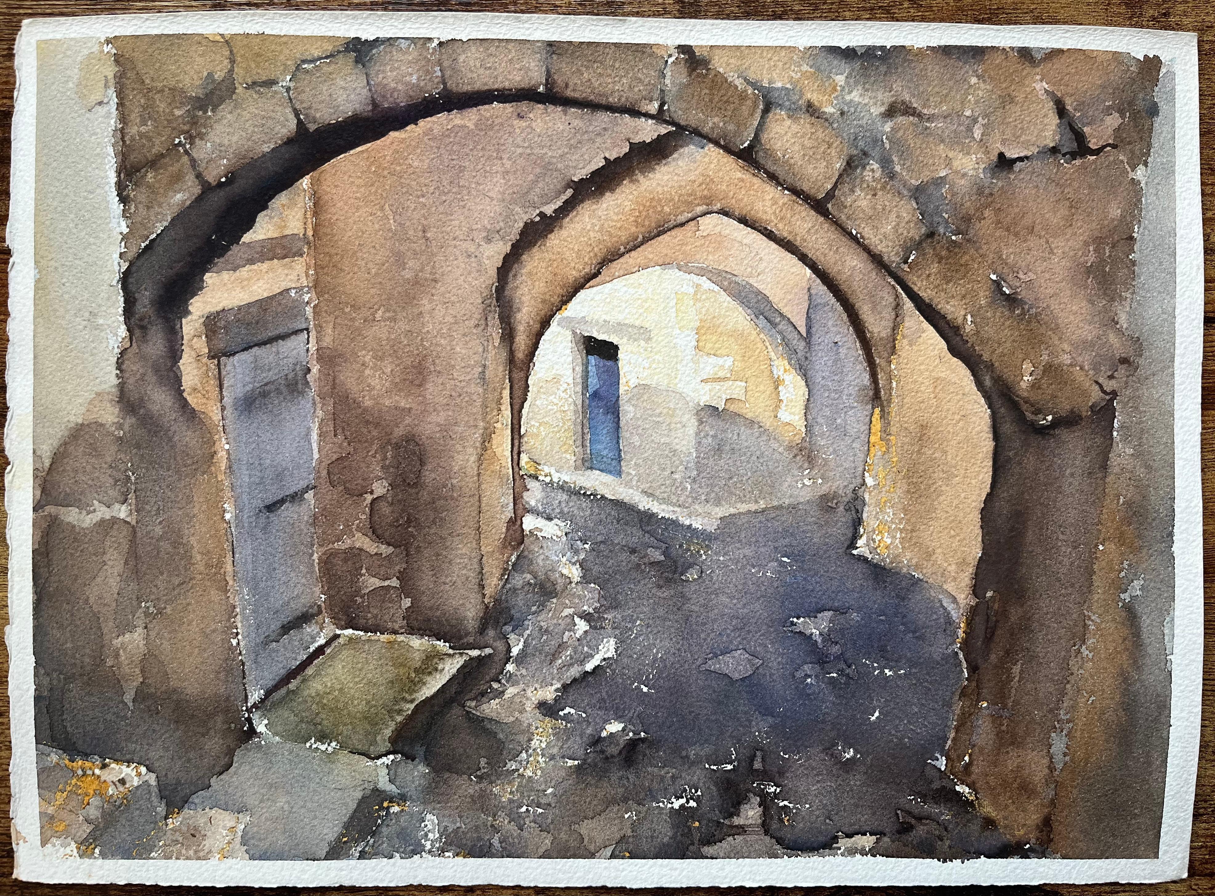 Britisches impressionistisches Aquarell eines atmosphärischen Bogenbogens durch einen Stein – Painting von Anthony Avery