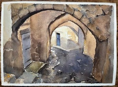 British Impressionist Watercolor of an Atmospheric Stone Archway Passage
