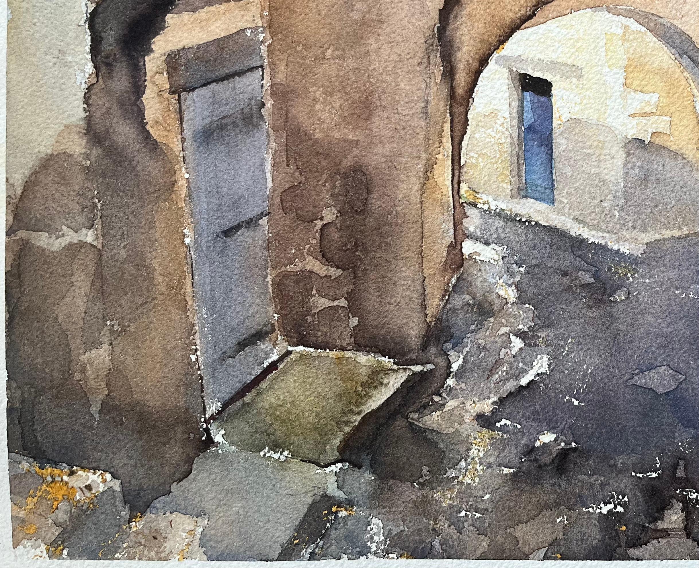Britisches impressionistisches Aquarell eines atmosphärischen Bogenbogens durch einen Stein (Grau), Landscape Painting, von Anthony Avery
