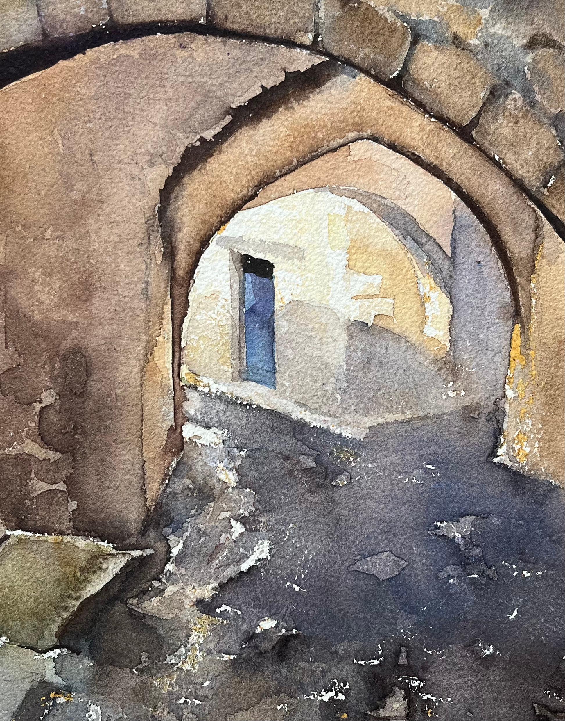 Britisches impressionistisches Aquarell eines atmosphärischen Bogenbogens durch einen Stein im Angebot 2