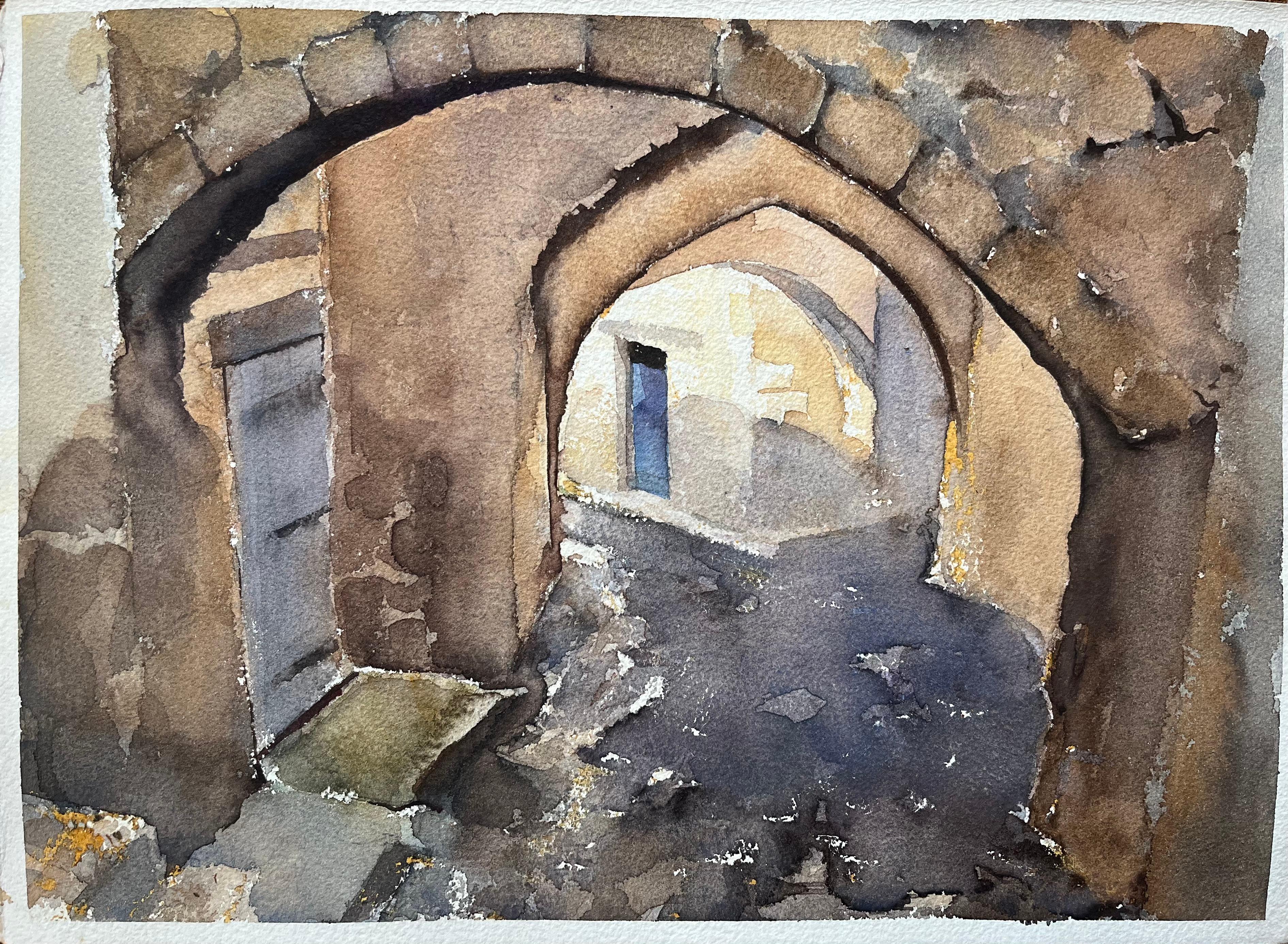 British Impressionist Watercolor of an Atmospheric Stone Archway Passage