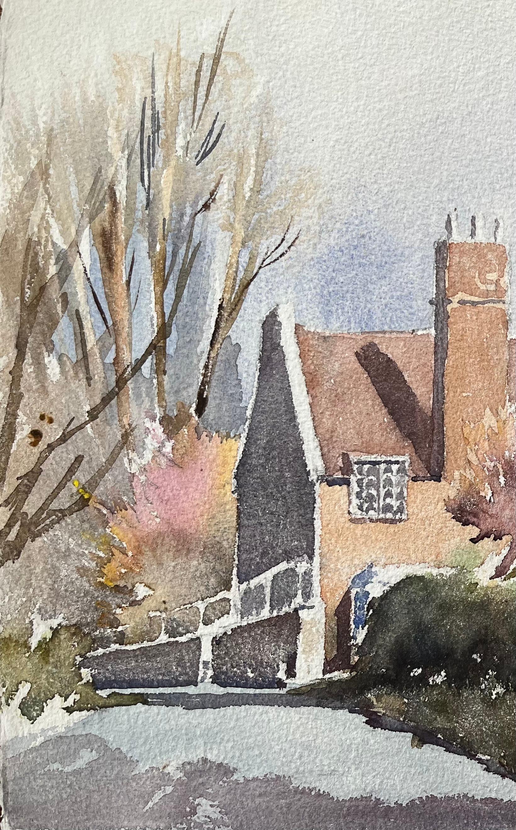 Britischer Impressionist Aquarell eines englischen Dorfes im Frühlingssonnenlicht – Painting von Anthony Avery