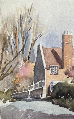 British Impressionist Watercolor of an English Village in Spring Sunlight