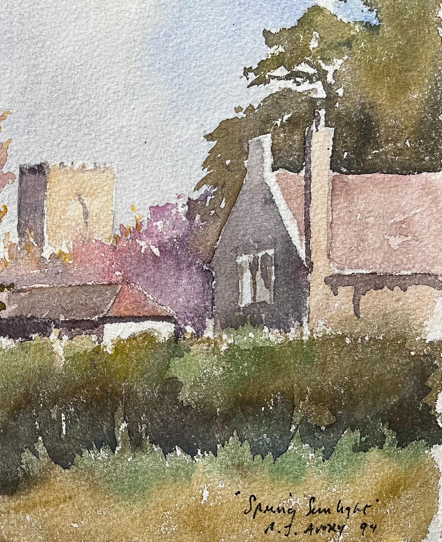 Britischer Impressionist Aquarell eines englischen Dorfes im Frühlingssonnenlicht (Grau), Landscape Painting, von Anthony Avery
