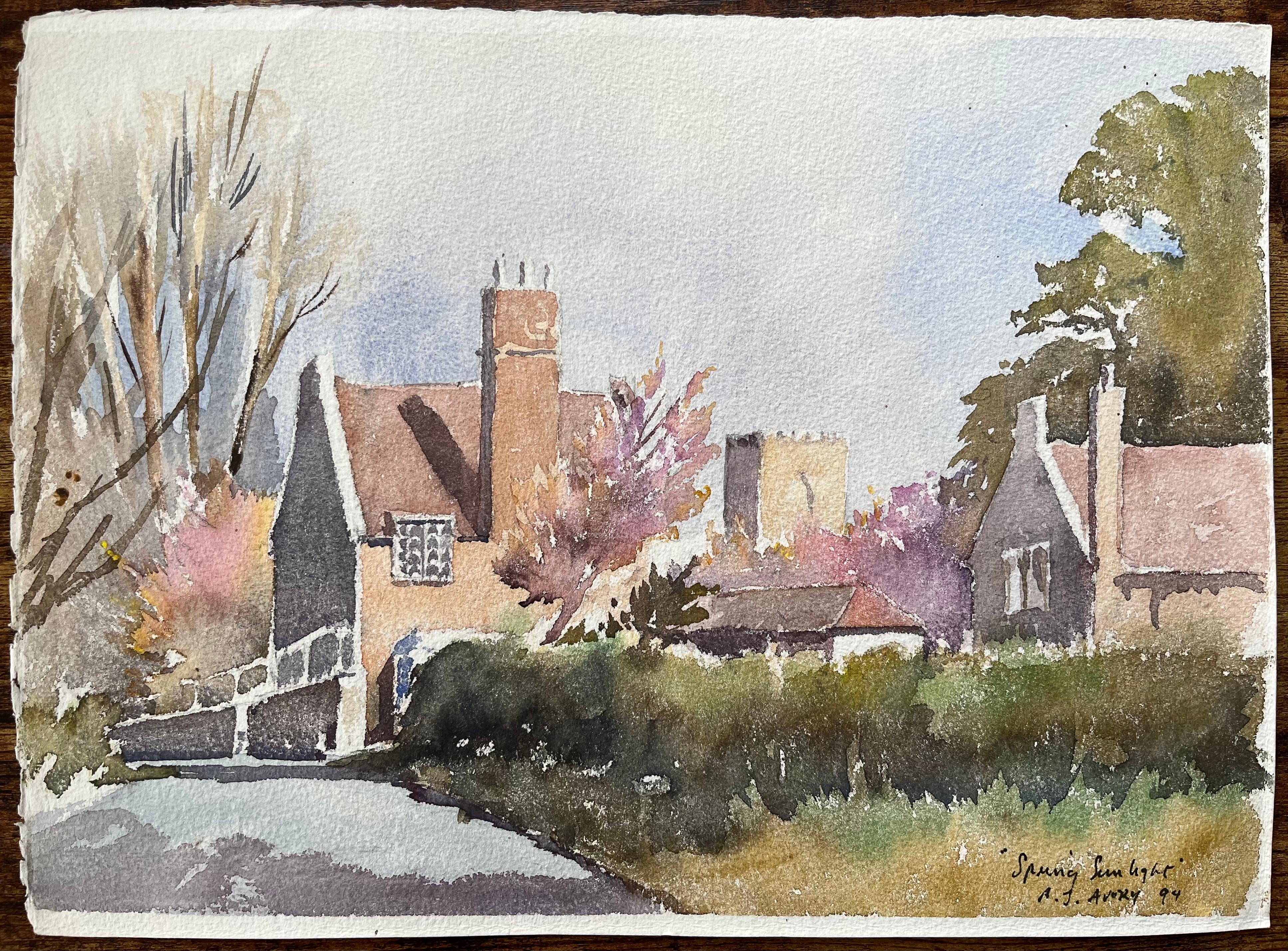 Titel: Britischer Impressionist Aquarell eines englischen Dorfes im Frühlingssonnenlicht
von Anthony Avery (Brite 1946-2023)
Original-Aquarell auf Künstlerpapier, ungerahmt
Abmessungen: 11 x 15,25 Zoll (Höhe x Breite)
Unterschrieben: Ja
Zustand: