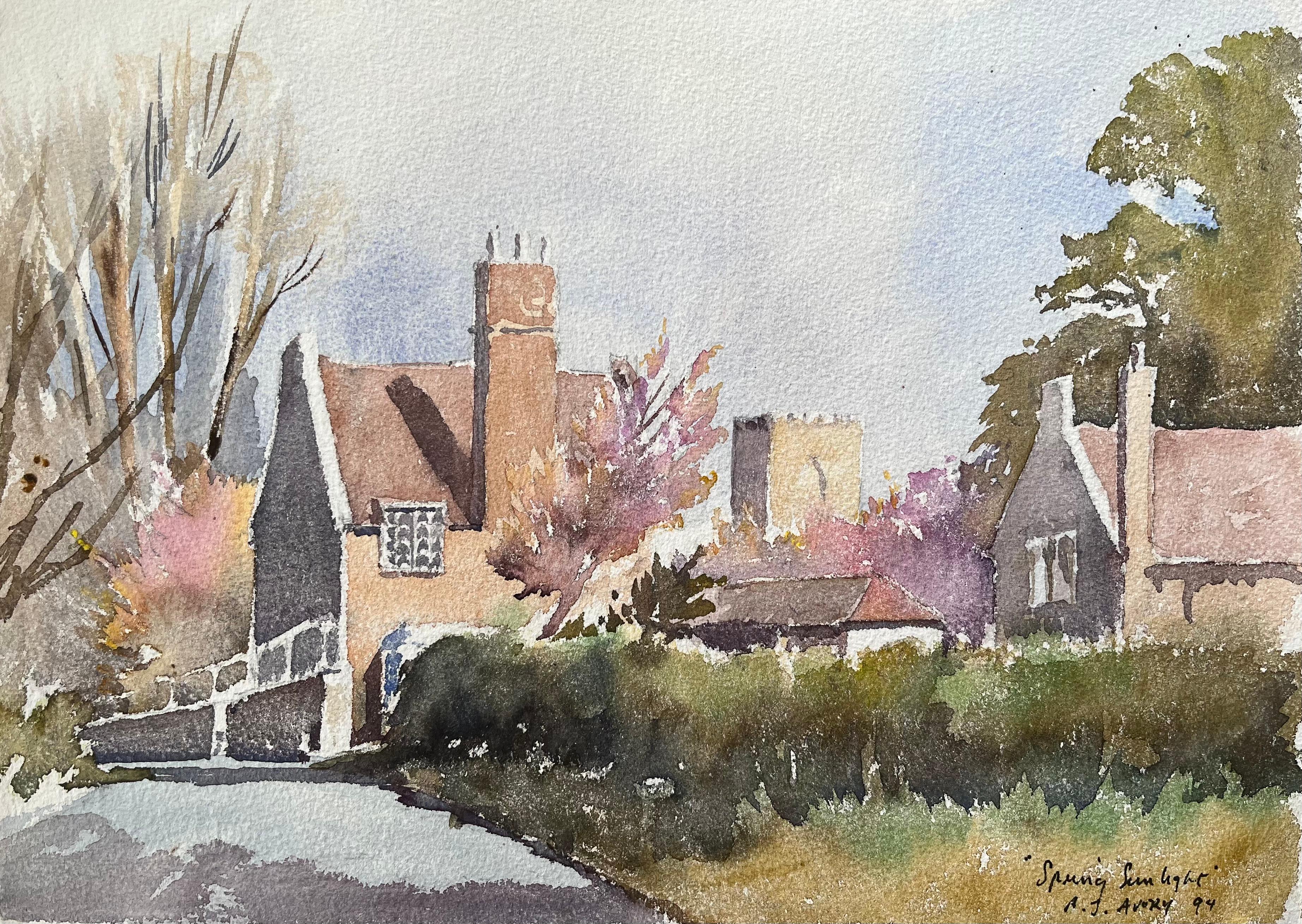 Anthony Avery Landscape Painting – Britischer Impressionist Aquarell eines englischen Dorfes im Frühlingssonnenlicht