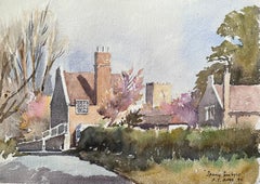 Britischer Impressionist Aquarell eines englischen Dorfes im Frühlingssonnenlicht
