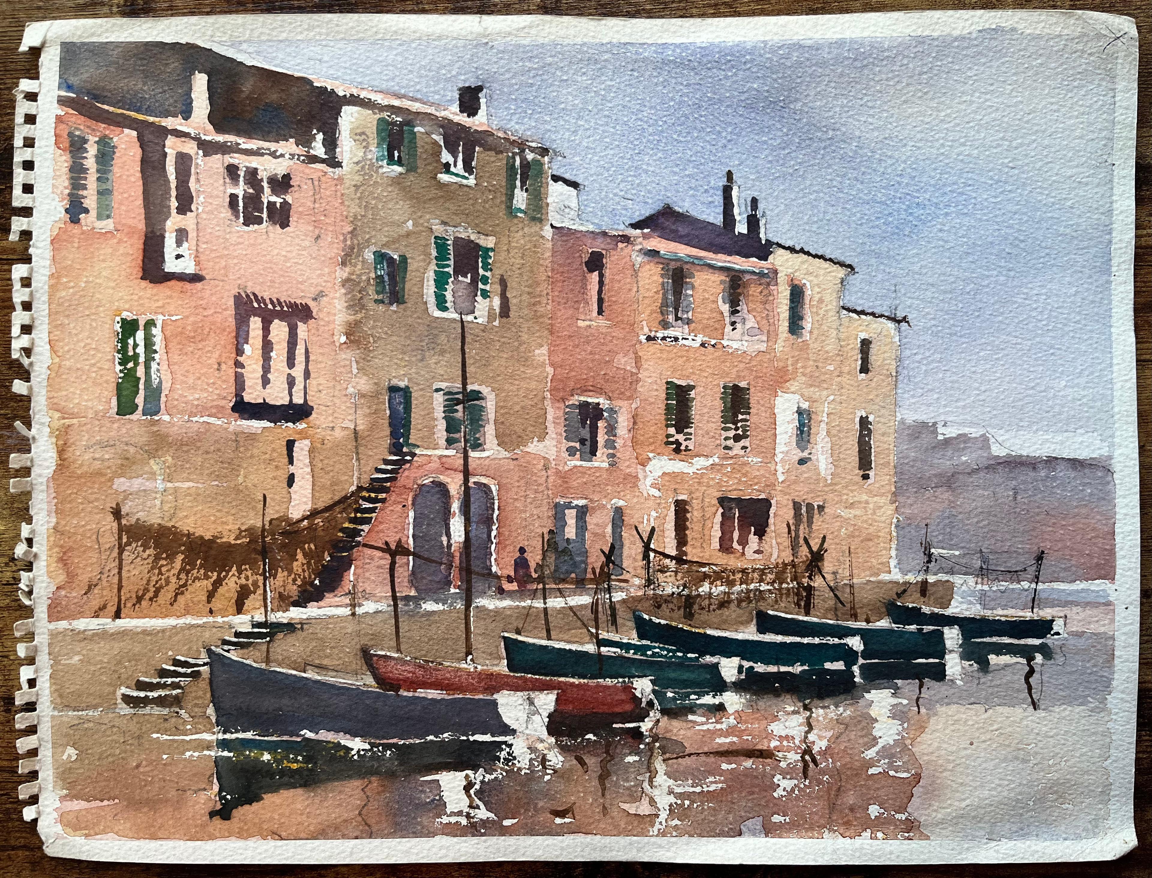 Acquerello impressionista britannico di una scena di porto italiano con barche da pesca - Painting di Anthony Avery