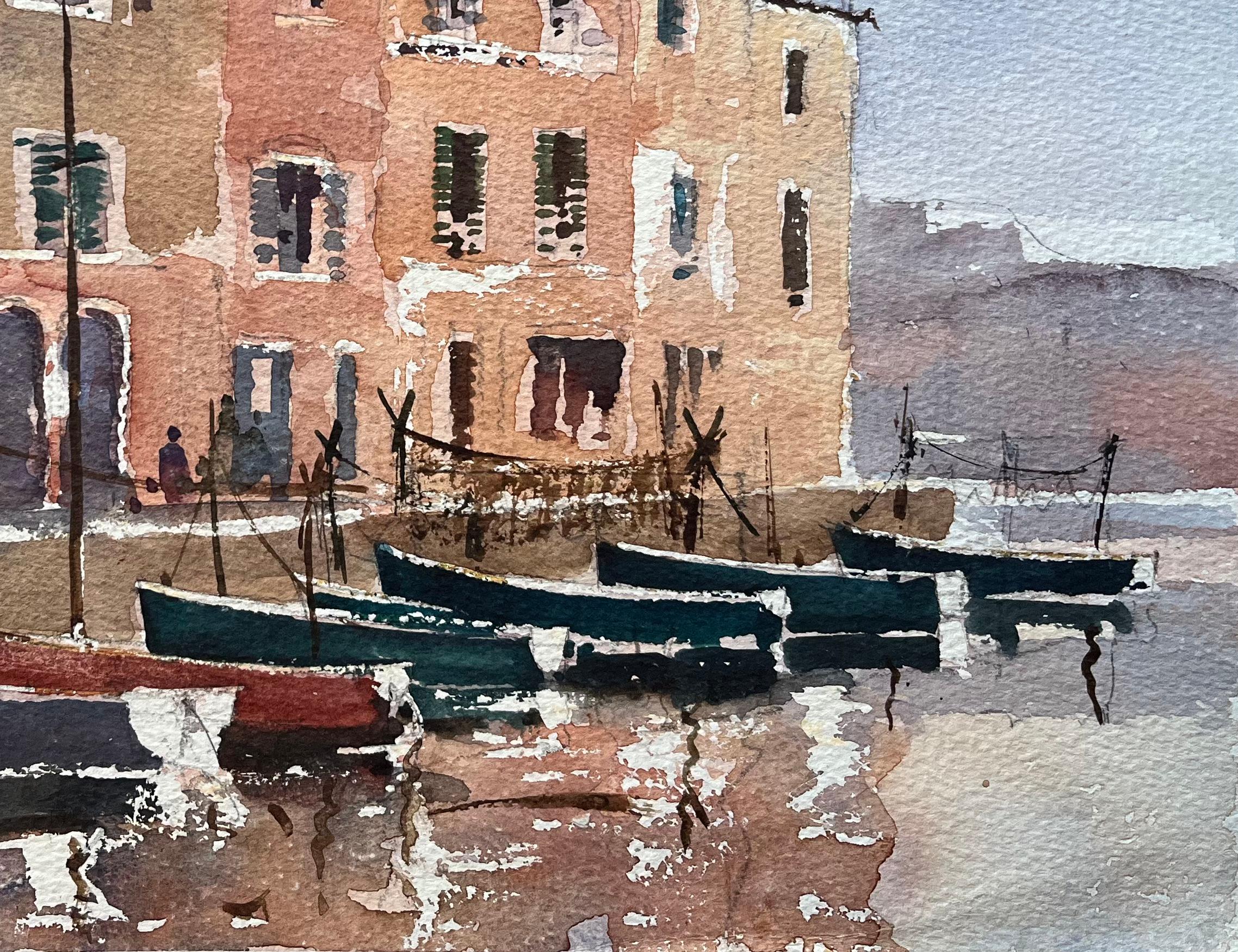 Acquerello impressionista britannico di una scena di porto italiano con barche da pesca - Painting Impressionismo di Anthony Avery