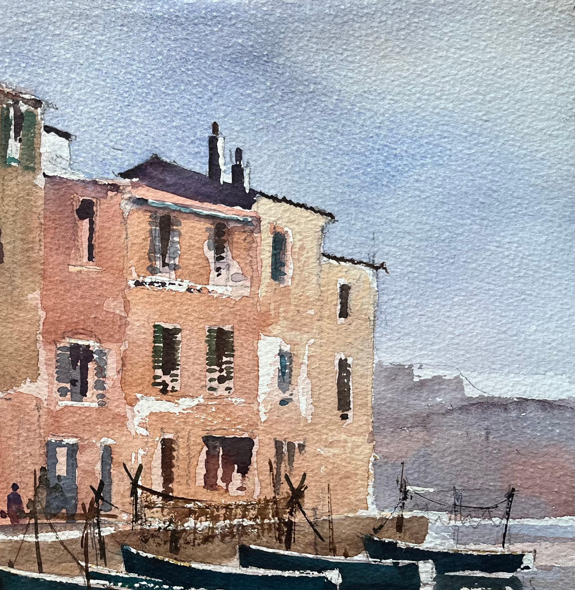 Acquerello impressionista britannico di una scena di porto italiano con barche da pesca - Landscape Painting Marrone di Anthony Avery
