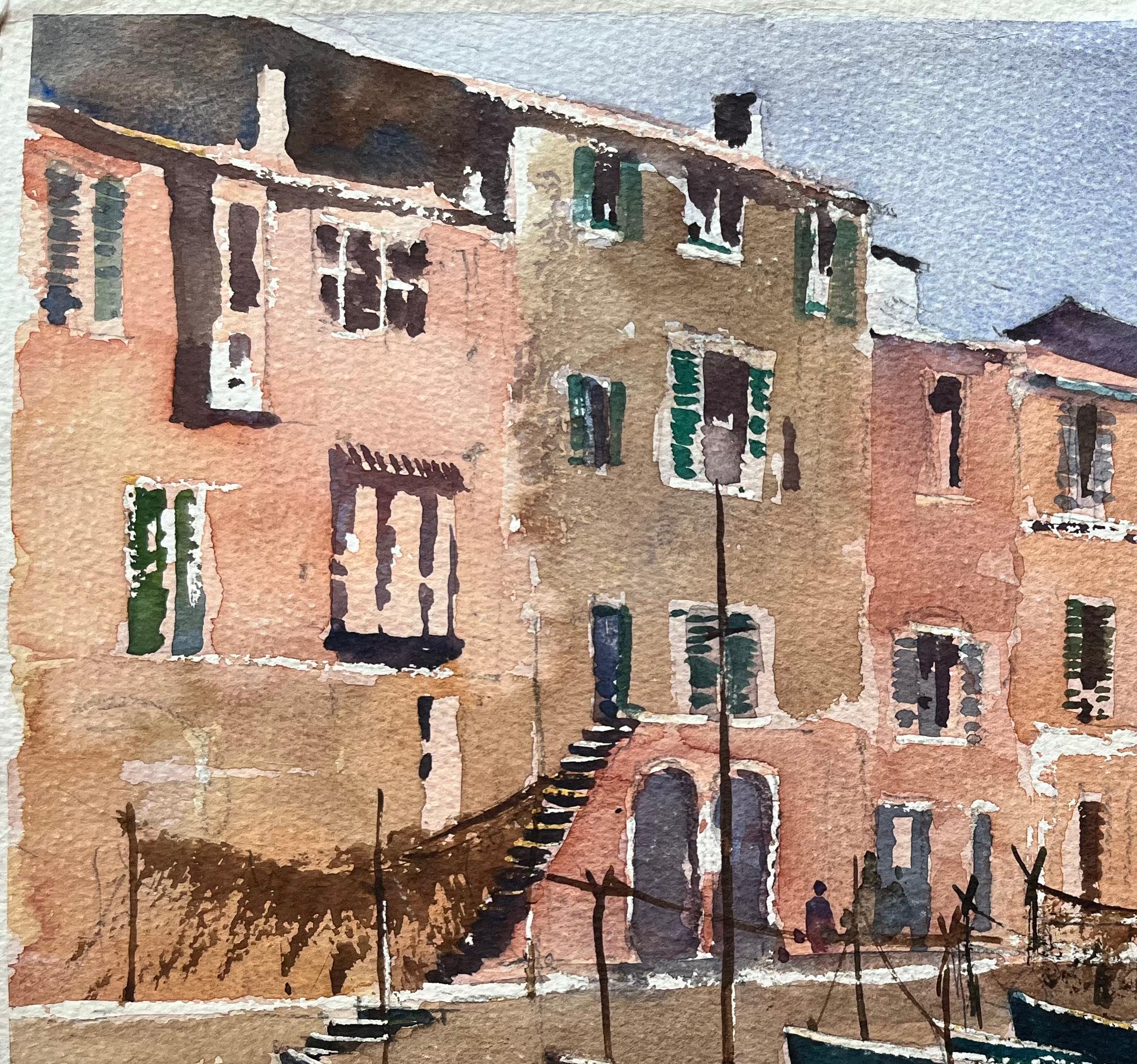 Acquerello impressionista britannico di una scena di porto italiano con barche da pesca in vendita 1