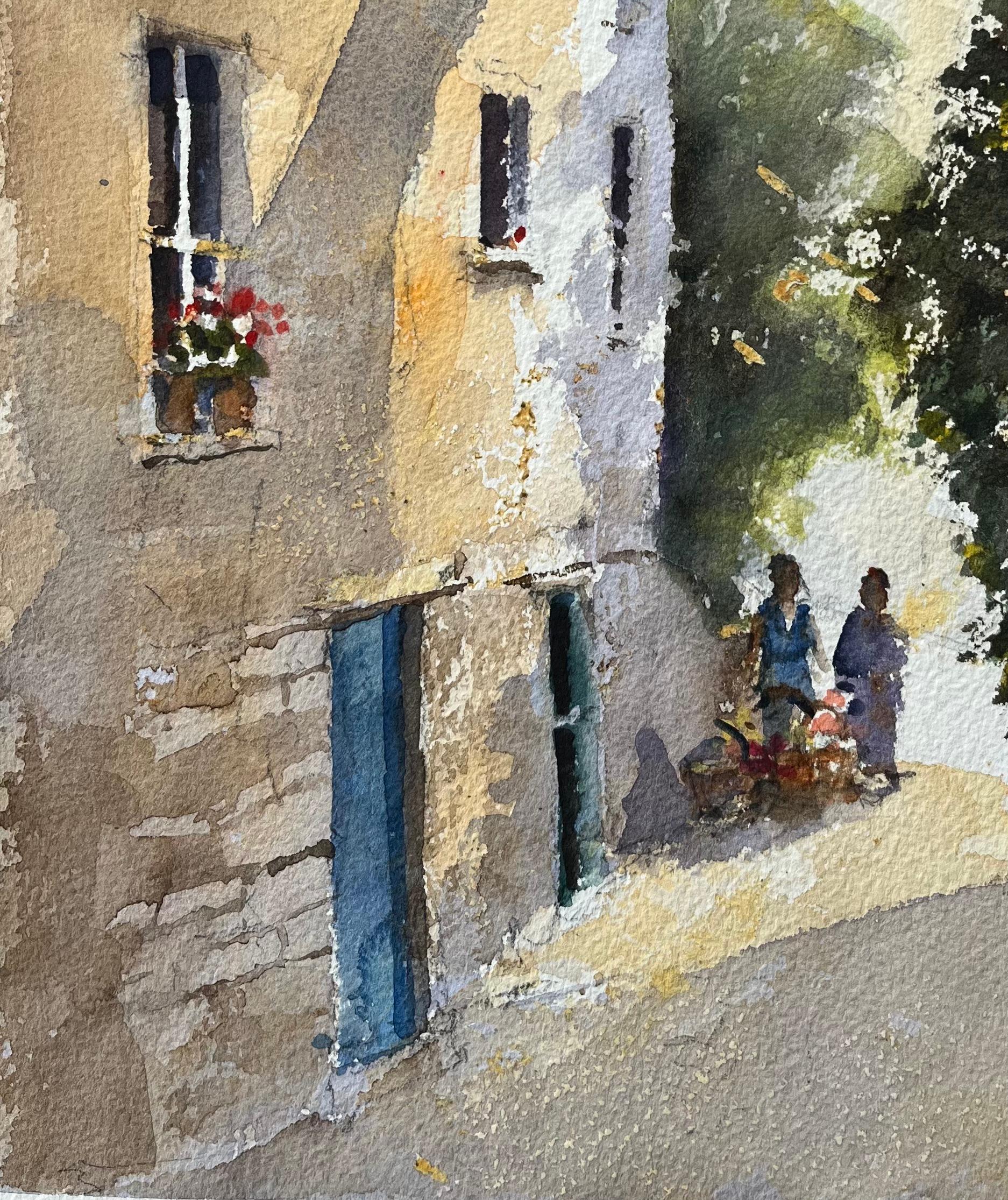 Acuarela impresionista británica de un arco de pueblo italiano con figuras - Landscape Painting Gris de Anthony Avery