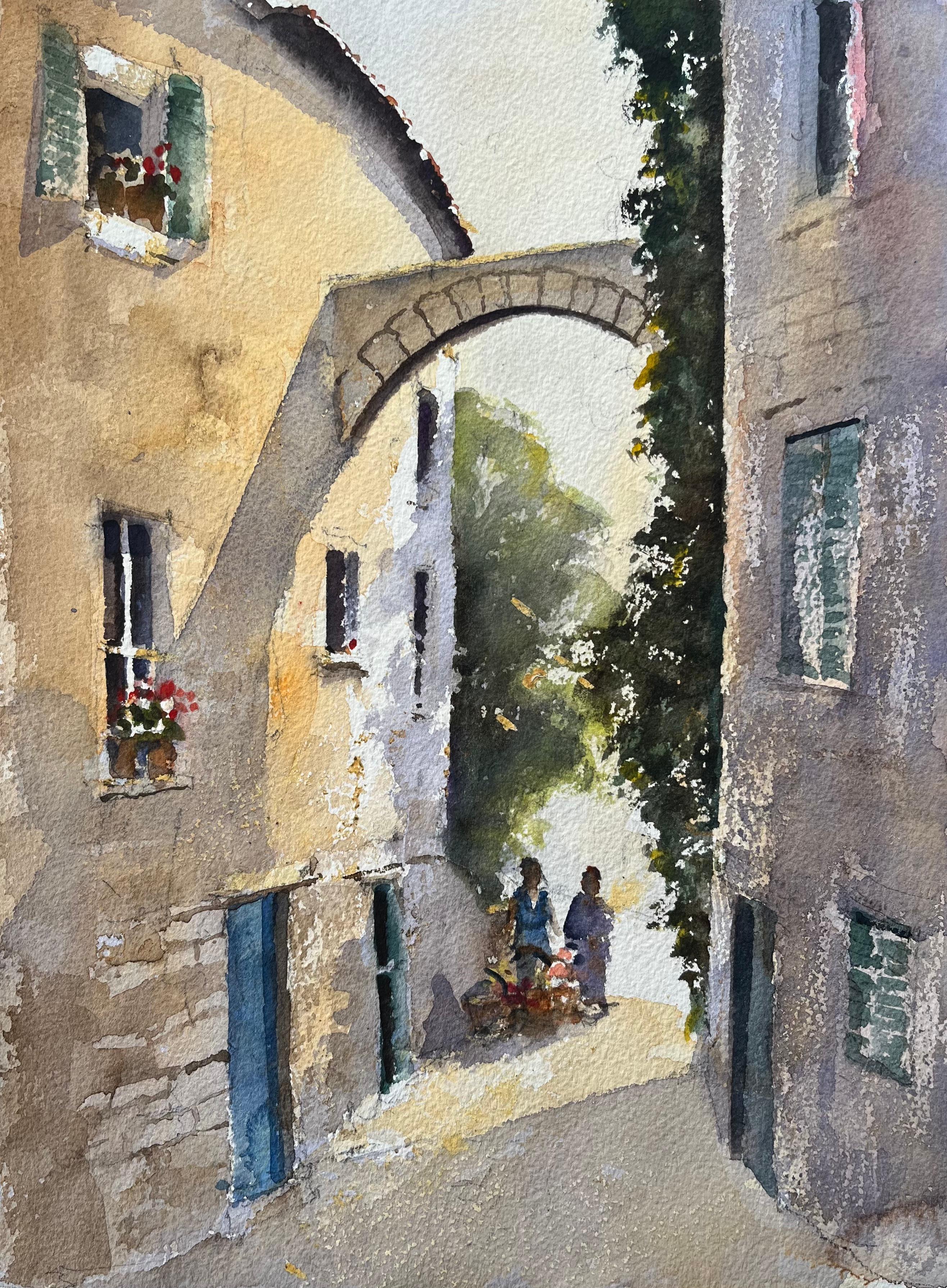Landscape Painting de Anthony Avery - Acuarela impresionista británica de un arco de pueblo italiano con figuras