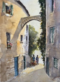 British Impressionist Watercolor of an Italian Village Archway with Figures