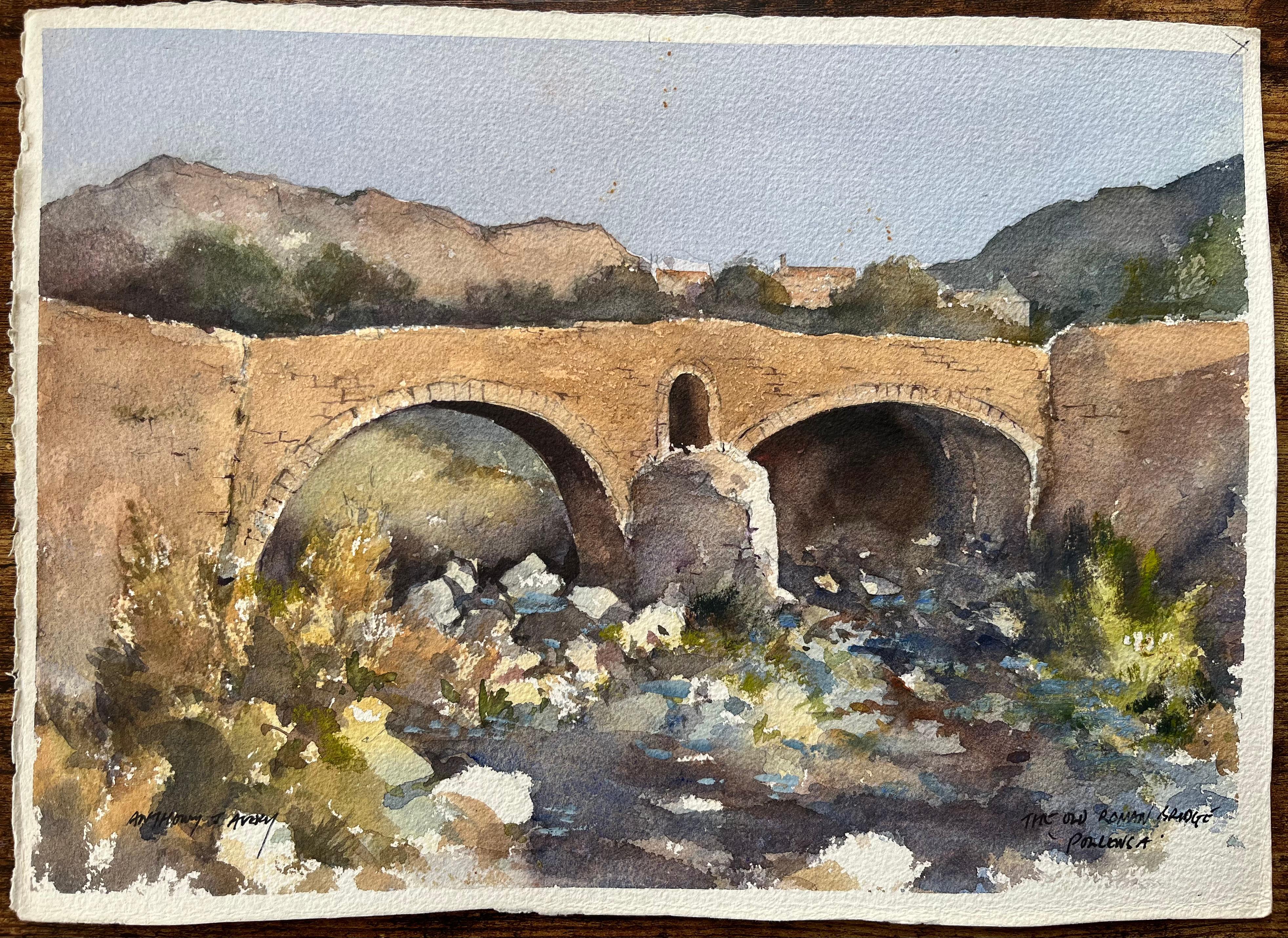 British Impressionist Watercolor of an Old Roman Bridge in Pollenca, Mallorca - Painting by Anthony Avery