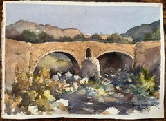 British Impressionist Watercolor of an Old Roman Bridge in Pollenca, Mallorca