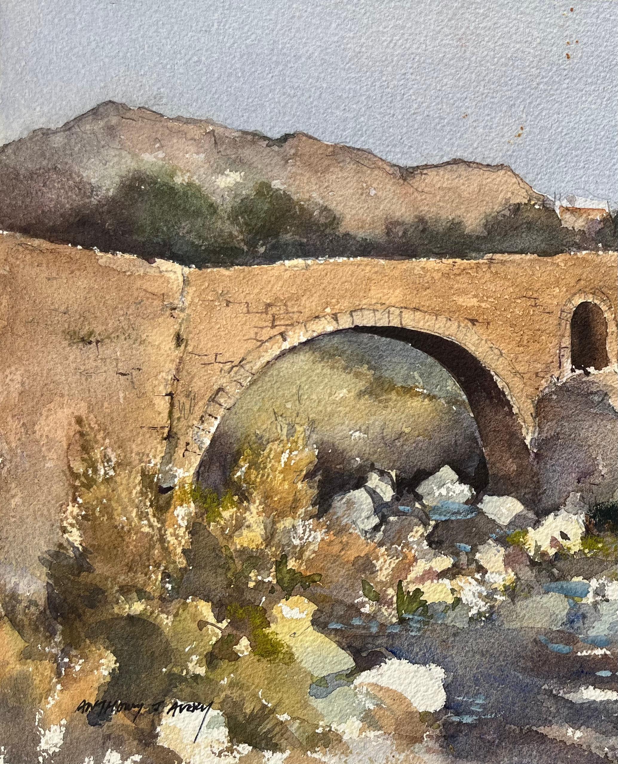 British Impressionist Watercolor of an Old Roman Bridge in Pollenca, Mallorca For Sale 1