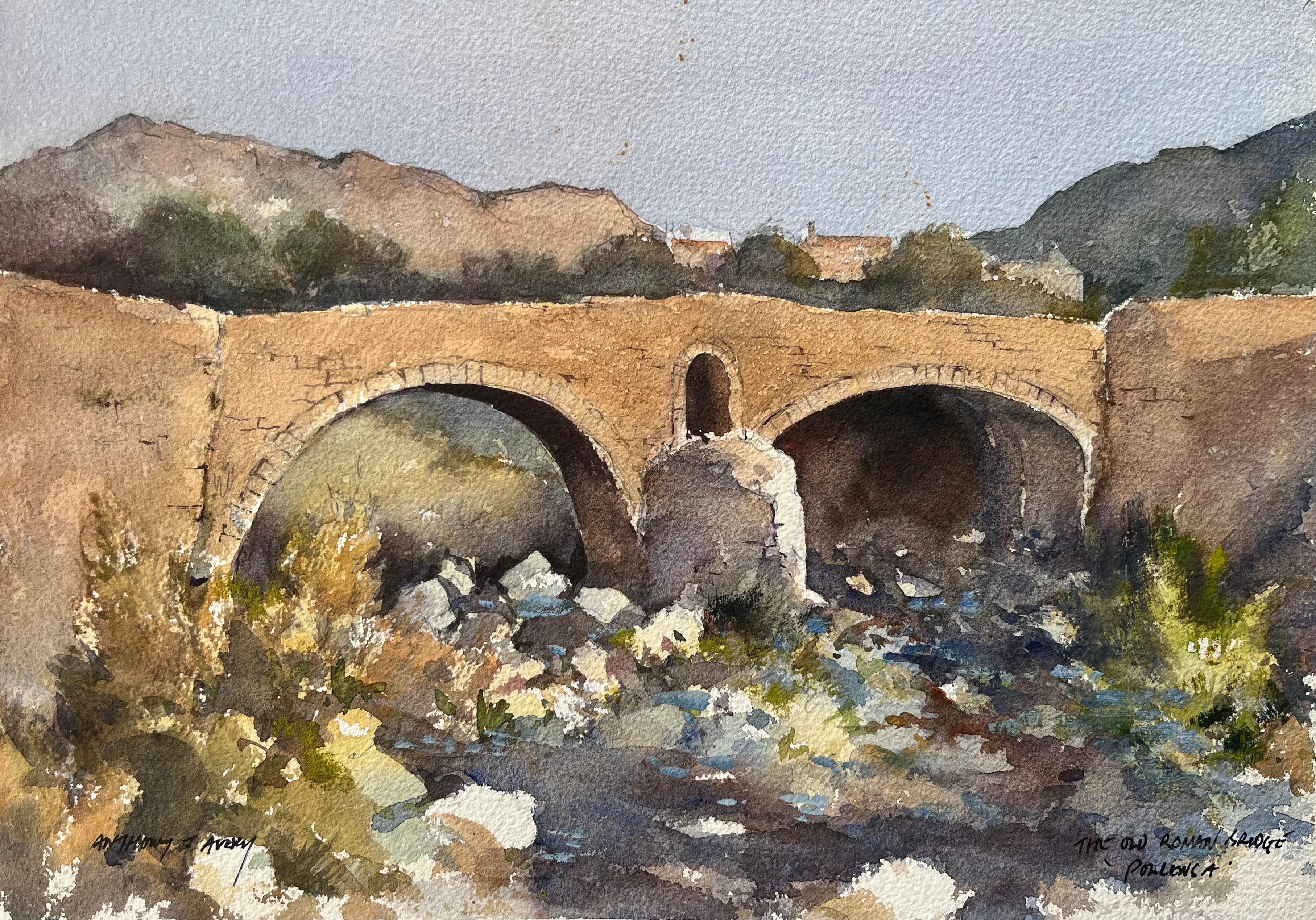 Anthony Avery Landscape Painting - British Impressionist Watercolor of an Old Roman Bridge in Pollenca, Mallorca