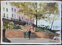 British Impressionist Watercolor of an Urban Park Scene with Figures