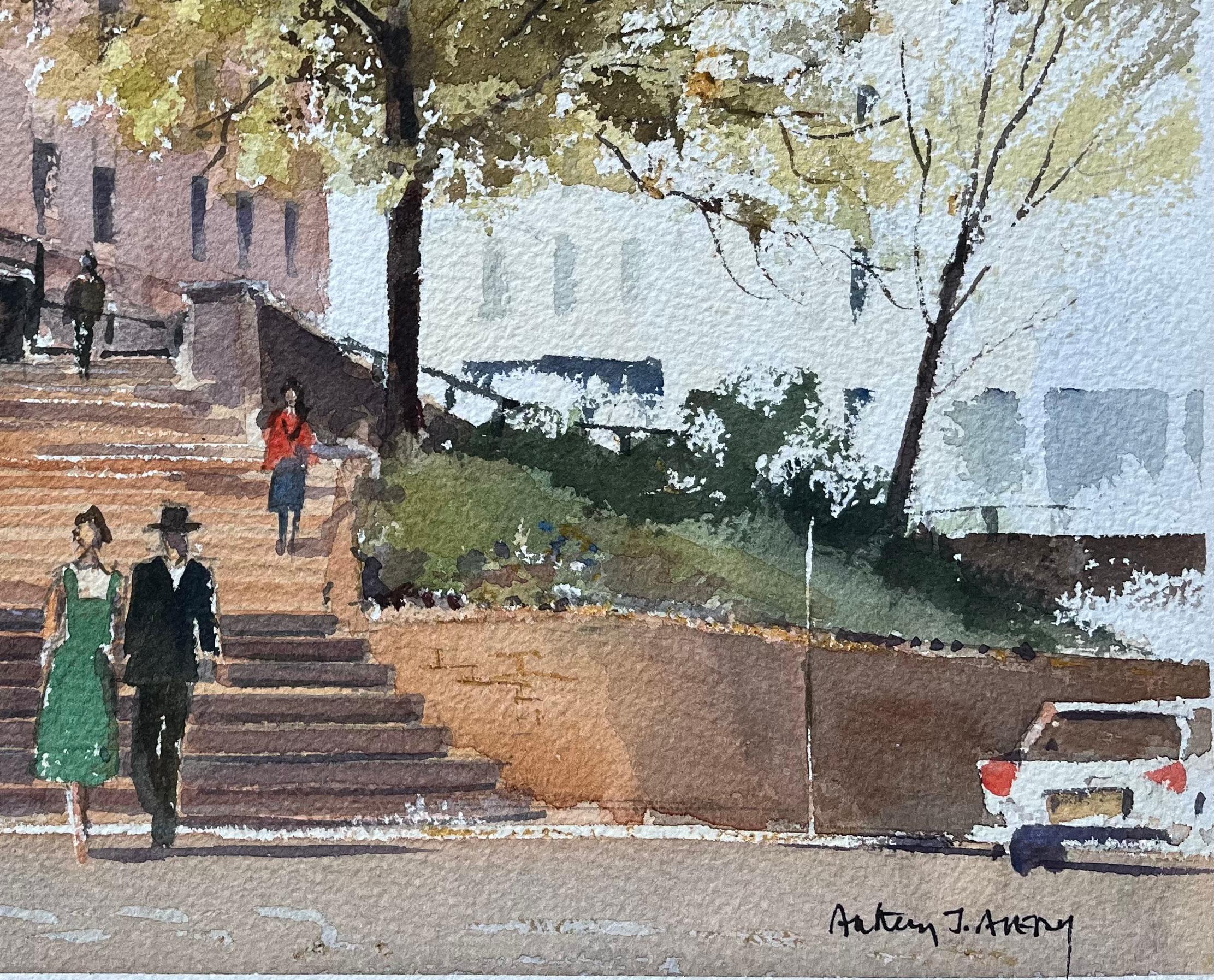 Britisches impressionistisches Aquarell einer urbanen Parkszene mit Figuren, British Impressionist (Grau), Landscape Painting, von Anthony Avery