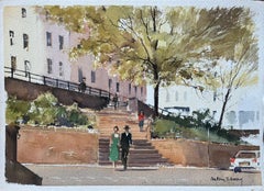 British Impressionist Watercolor of an Urban Park Scene with Figures
